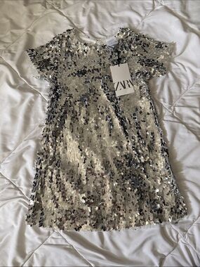 Zara Kids Metallic Silver Sequin Party Dress